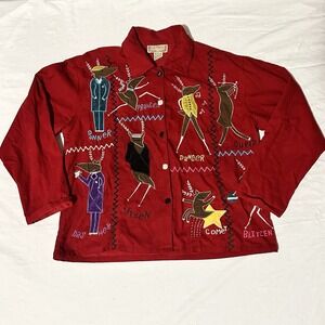 Life Style Santa's Reindeer Christmas Corduroy Shirt Size M Red Colorful Whimsy
